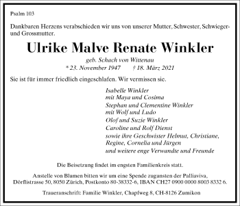 Traueranzeige von Ulrike Malve Renate Winkler von Frankfurter Allgemeine Zeitung