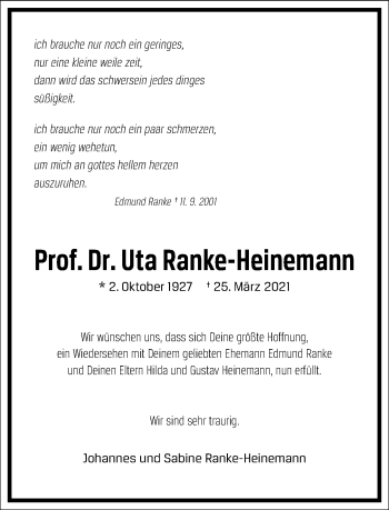 Traueranzeige von Uta Ranke-Heinemann von Frankfurter Allgemeine Zeitung