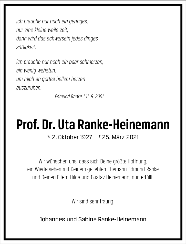  Traueranzeige für Uta Ranke-Heinemann vom 27.03.2021 aus Frankfurter Allgemeine Zeitung