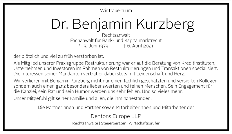  Traueranzeige für Benjamin Kurzberg vom 17.04.2021 aus Frankfurter Allgemeine Zeitung