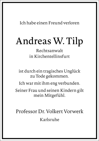 Traueranzeige von Andreas W. Tilp von Frankfurter Allgemeine Zeitung