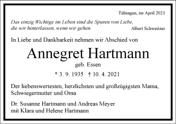 Traueranzeige von Annegret Hartmann von Frankfurter Allgemeine Zeitung