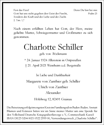 Traueranzeige von Charlotte Schiller von Frankfurter Allgemeine Zeitung