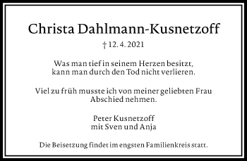 Traueranzeige von Christa Dahlmann-Kusnetzoff von Frankfurter Allgemeine Zeitung