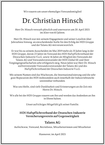 Traueranzeige von Christian Hinsch von Frankfurter Allgemeine Zeitung