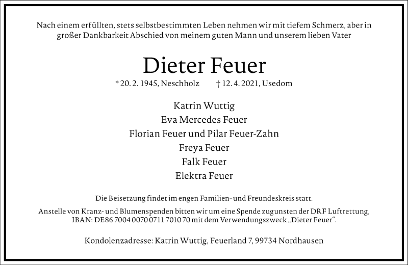  Traueranzeige für Dieter Feuer vom 24.04.2021 aus Frankfurter Allgemeine Zeitung