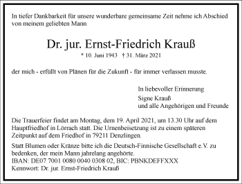 Traueranzeige von Ernst-Friedrich Krauß von Frankfurter Allgemeine Zeitung