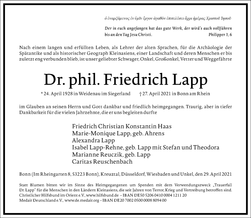  Traueranzeige für Friedrich Lapp vom 03.05.2021 aus Frankfurter Allgemeine Zeitung