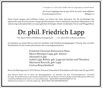 Traueranzeige von Friedrich Lapp von Frankfurter Allgemeine Zeitung