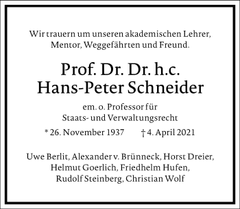 Traueranzeige von Hans-Peter Schneider von Frankfurter Allgemeine Zeitung