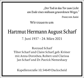 Traueranzeige von Hartmut Hermann August Scharf von Frankfurter Allgemeine Zeitung