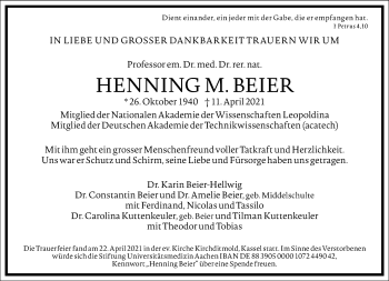 Traueranzeige von Henning M. Beier von Frankfurter Allgemeine Zeitung