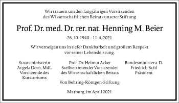 Traueranzeige von Henning M. Beier von Frankfurter Allgemeine Zeitung