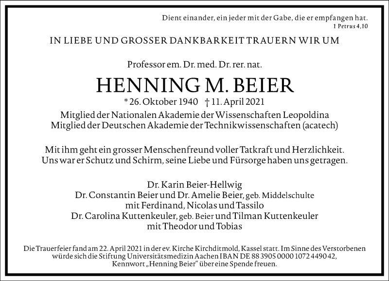  Traueranzeige für Henning M. Beier vom 24.04.2021 aus Frankfurter Allgemeine Zeitung