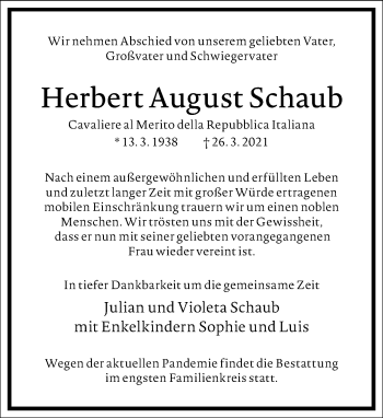 Traueranzeige von Herbert August Schaub von Frankfurter Allgemeine Zeitung