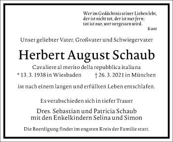Traueranzeige von Herbert August Schaub von Frankfurter Allgemeine Zeitung
