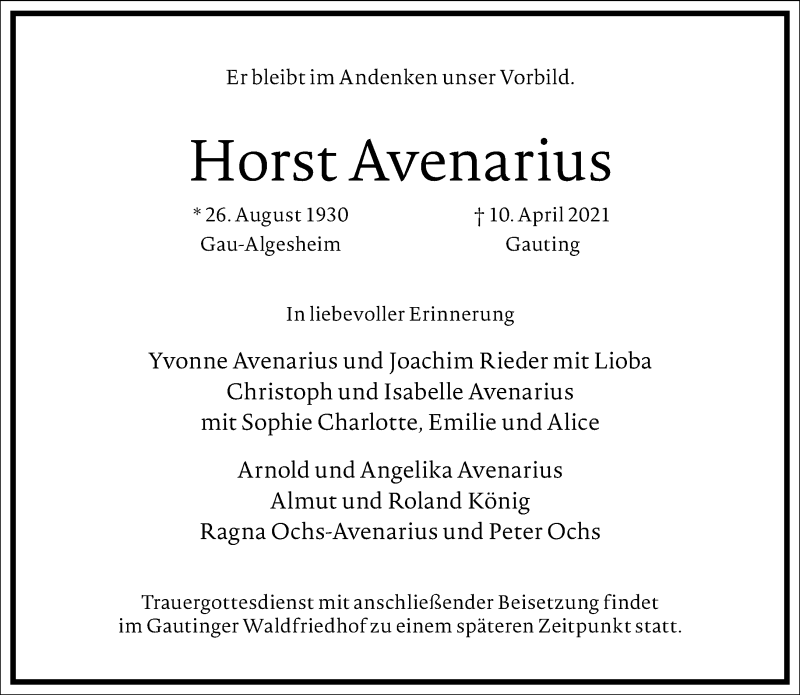  Traueranzeige für Horst Avenarius vom 24.04.2021 aus Frankfurter Allgemeine Zeitung