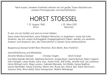 Traueranzeige von Horst  Stoessel von Frankfurter Allgemeine Zeitung