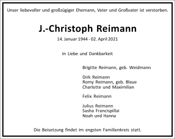 Traueranzeige von J-Christoph Reimann von Frankfurter Allgemeine Zeitung