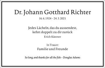 Traueranzeige von Johann Gotthard Richter von Frankfurter Allgemeine Zeitung