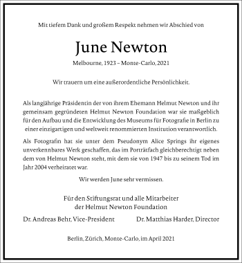 Traueranzeige von June Newton von Frankfurter Allgemeine Zeitung