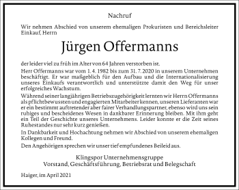 Traueranzeige von Jürgen Offermanns von Frankfurter Allgemeine Zeitung