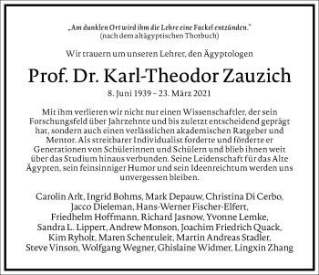 Traueranzeige von Karl-Theodor Zauzich von Frankfurter Allgemeine Zeitung