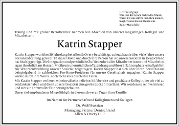 Traueranzeige von Katrin Stapper von Frankfurter Allgemeine Zeitung