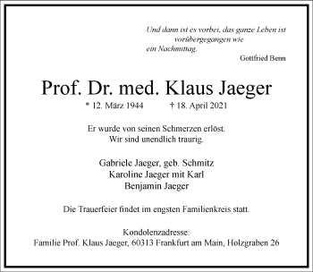 Traueranzeige von Klaus Jaeger von Frankfurter Allgemeine Zeitung