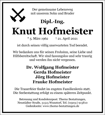 Traueranzeige von Knut Hofmeister von Frankfurter Allgemeine Zeitung