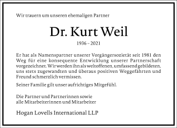 Traueranzeige von Kurt Weil von Frankfurter Allgemeine Zeitung