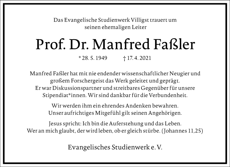  Traueranzeige für Manfred Faßler vom 30.04.2021 aus Frankfurter Allgemeine Zeitung