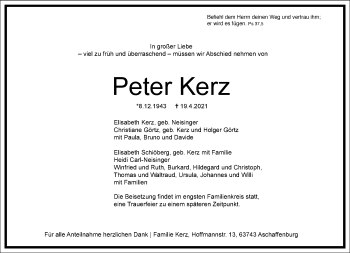 Traueranzeige von Peter Kerz von Frankfurter Allgemeine Zeitung