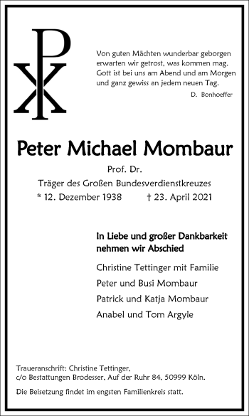 Traueranzeige von Peter Michael Mombaur von Frankfurter Allgemeine Zeitung