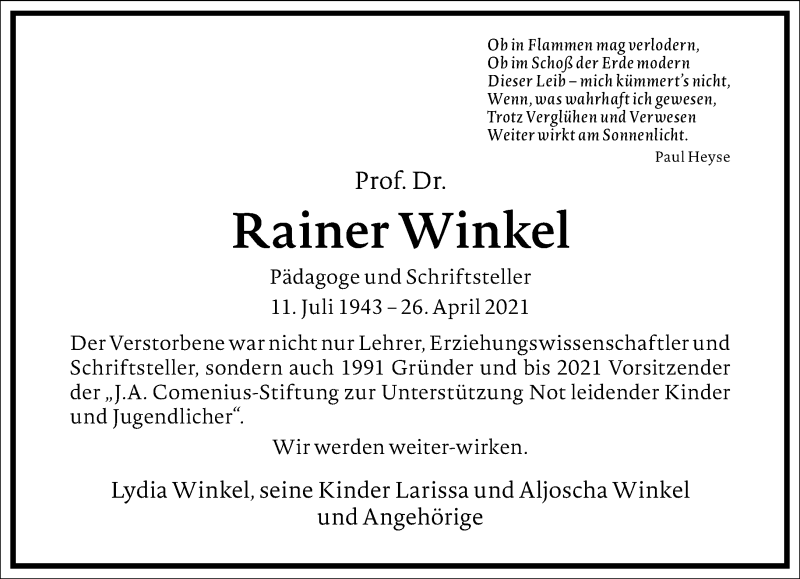  Traueranzeige für Rainer Winkel vom 30.04.2021 aus Frankfurter Allgemeine Zeitung