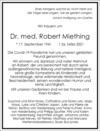 Traueranzeige von Robert Miething von Frankfurter Allgemeine Zeitung