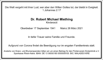 Traueranzeige von Robert Michael Miething von Frankfurter Allgemeine Zeitung