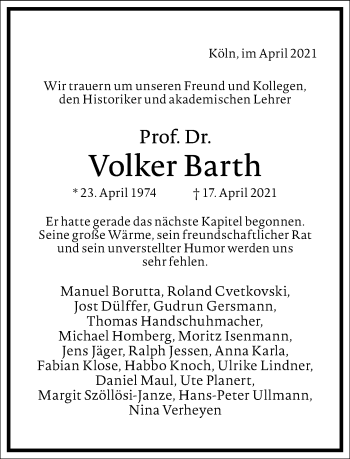 Traueranzeige von Volker Barth von Frankfurter Allgemeine Zeitung