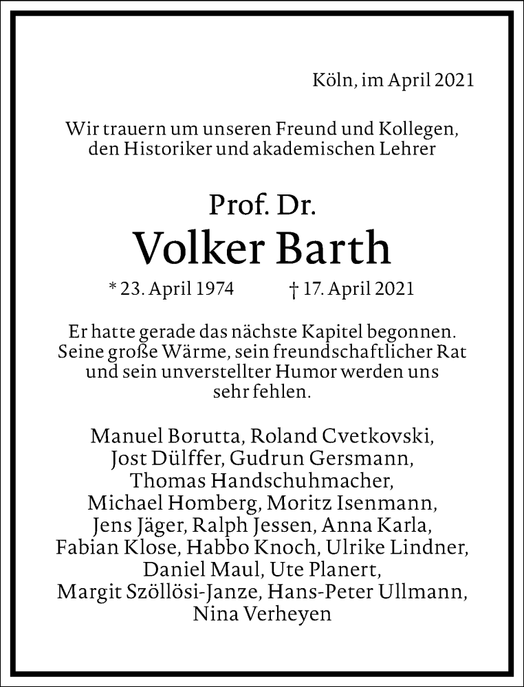  Traueranzeige für Volker Barth vom 30.04.2021 aus Frankfurter Allgemeine Zeitung