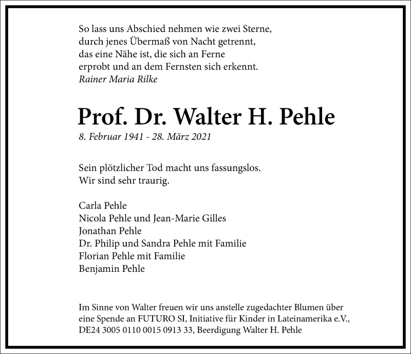  Traueranzeige für Walter H. Pehle vom 03.04.2021 aus Frankfurter Allgemeine Zeitung