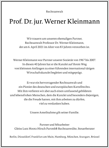 Traueranzeige von Werner Kleinmann von Frankfurter Allgemeine Zeitung