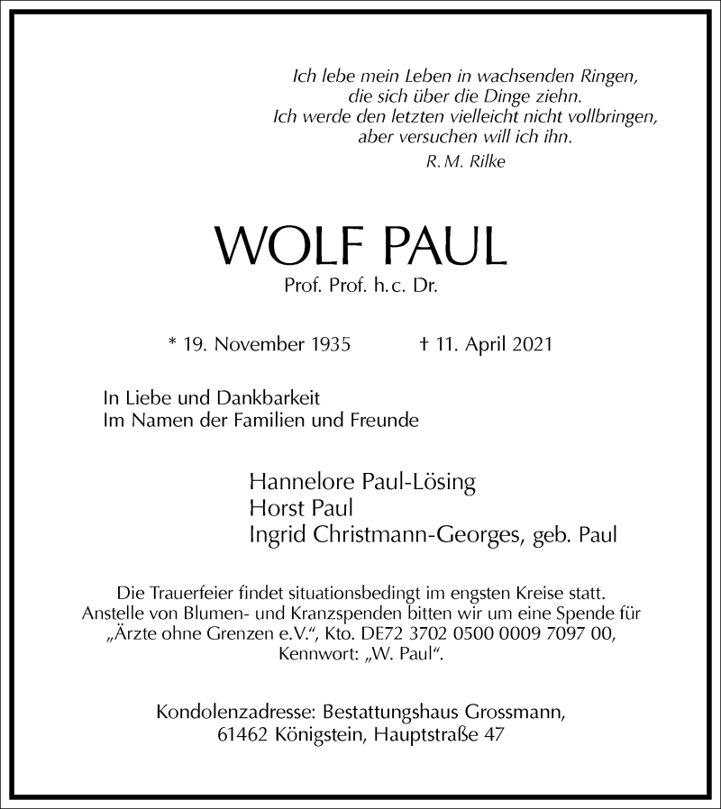  Traueranzeige für Wolf Paul vom 23.04.2021 aus Frankfurter Allgemeine Zeitung
