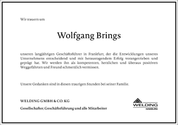 Traueranzeige von Wolfgang Brings von Frankfurter Allgemeine Zeitung