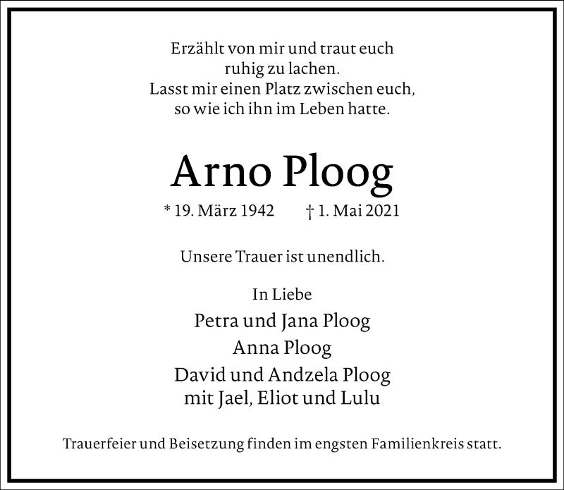  Traueranzeige für Arno Ploog vom 08.05.2021 aus Frankfurter Allgemeine Zeitung