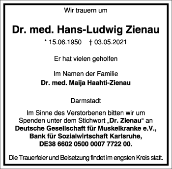 Traueranzeige von Hans-Ludwig Zienau von Frankfurter Allgemeine Zeitung