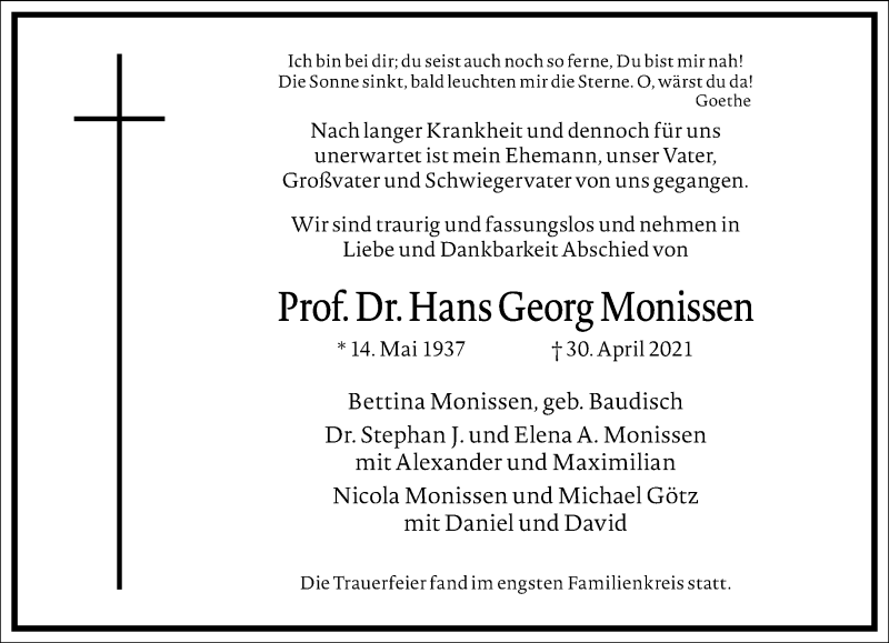  Traueranzeige für Hans Georg Monissen vom 08.05.2021 aus Frankfurter Allgemeine Zeitung