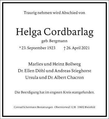 Traueranzeige von Helga Cordbarlag von Frankfurter Allgemeine Zeitung