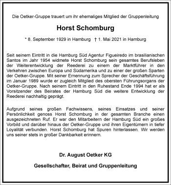 Traueranzeige von Horst Schomburg von Frankfurter Allgemeine Zeitung