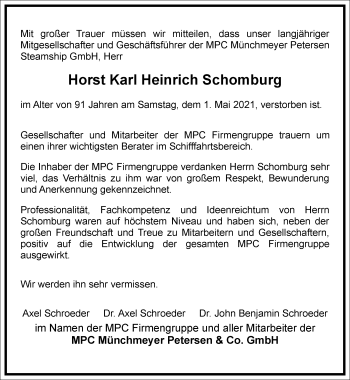 Traueranzeige von Horst Schomburg von Frankfurter Allgemeine Zeitung