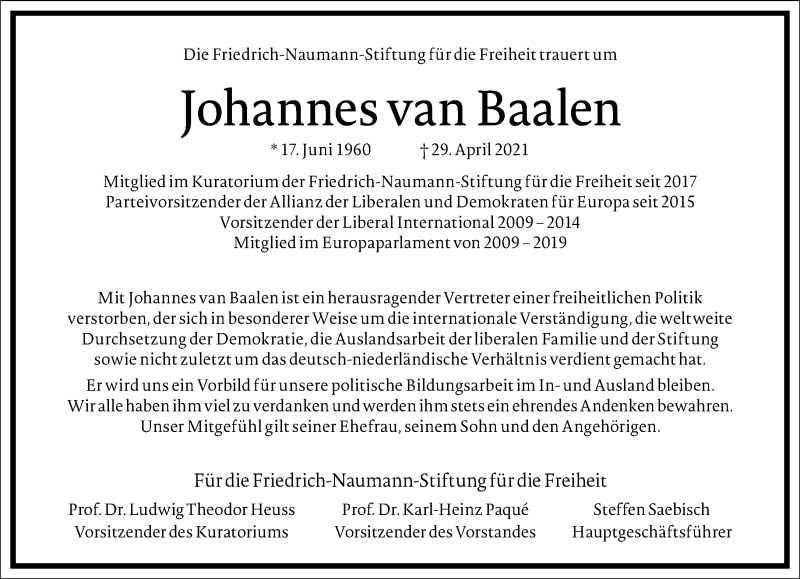  Traueranzeige für Johannes van Baalen vom 08.05.2021 aus Frankfurter Allgemeine Zeitung